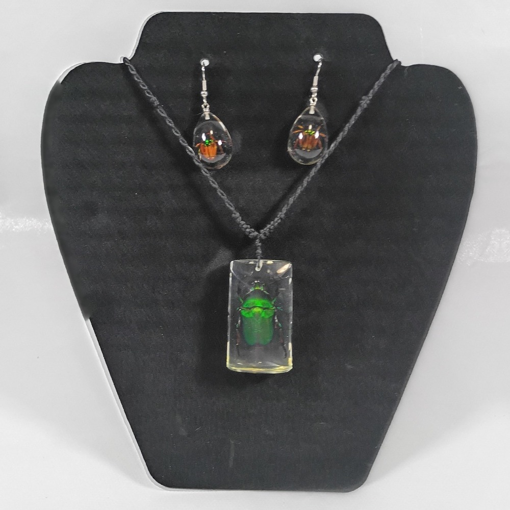 Taxidermy Jewelry Set. Necklace And Earrings Resin Set Beetles.